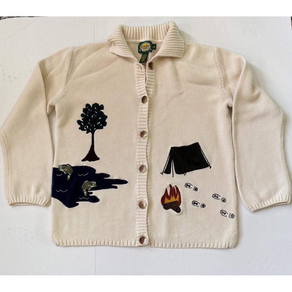 VTG Cabelas Women Cream Cotton Knit Camping Embroidered Cardigan Sweater Medium